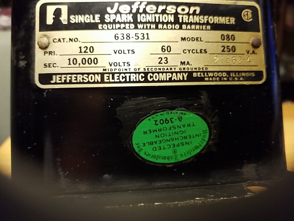 Vintage Jefferson Single Spark Ignition Transformer Model 638-531 Untested