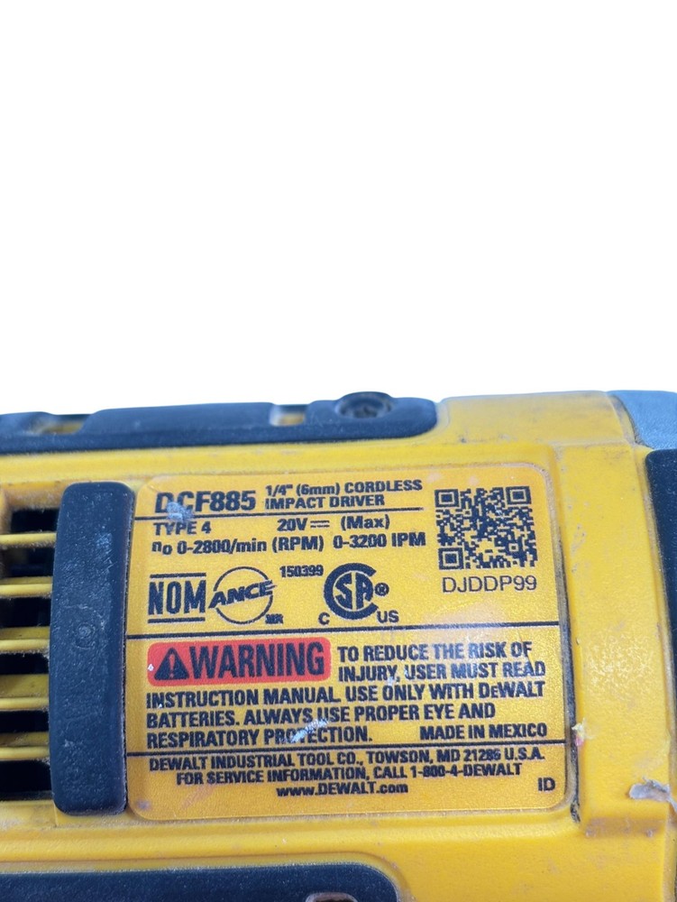 DeWalt DCF885 20V MAX Cordless 1/4" Impact Driver -Tool Only