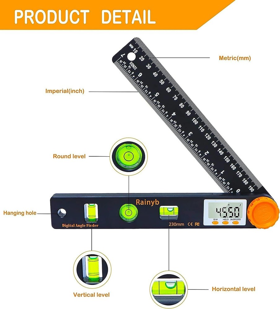 Rainyb Digital Angle Finder Tool 7inch 0360 degree LCD Digital Protractor wit...