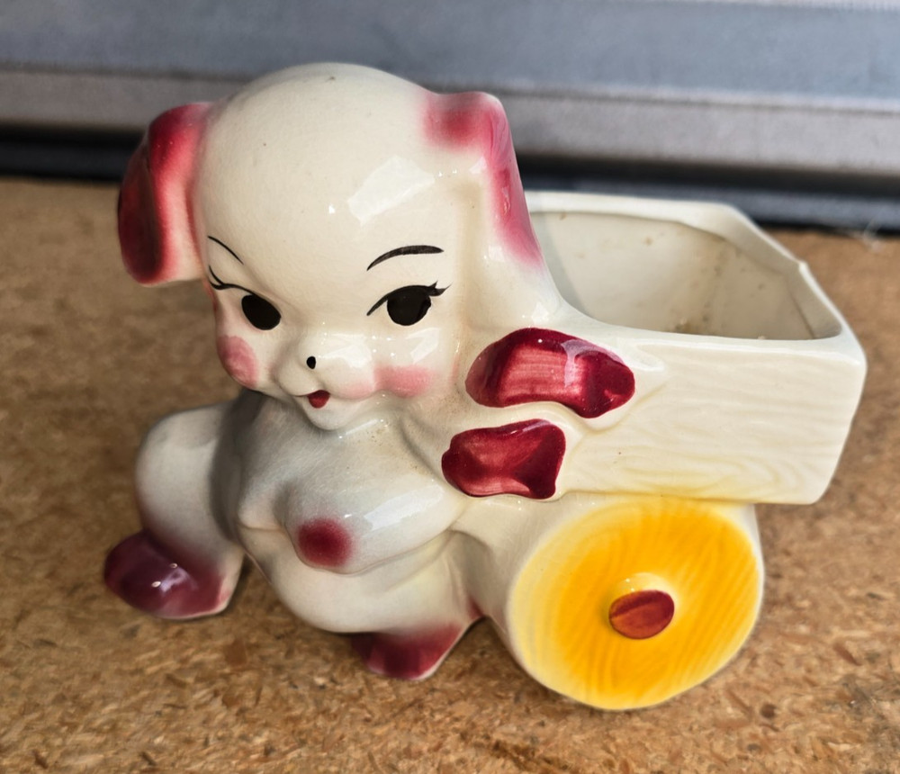 Vintage Pottery Planter Puppy Dog Pulling Cart Decor Ceramic