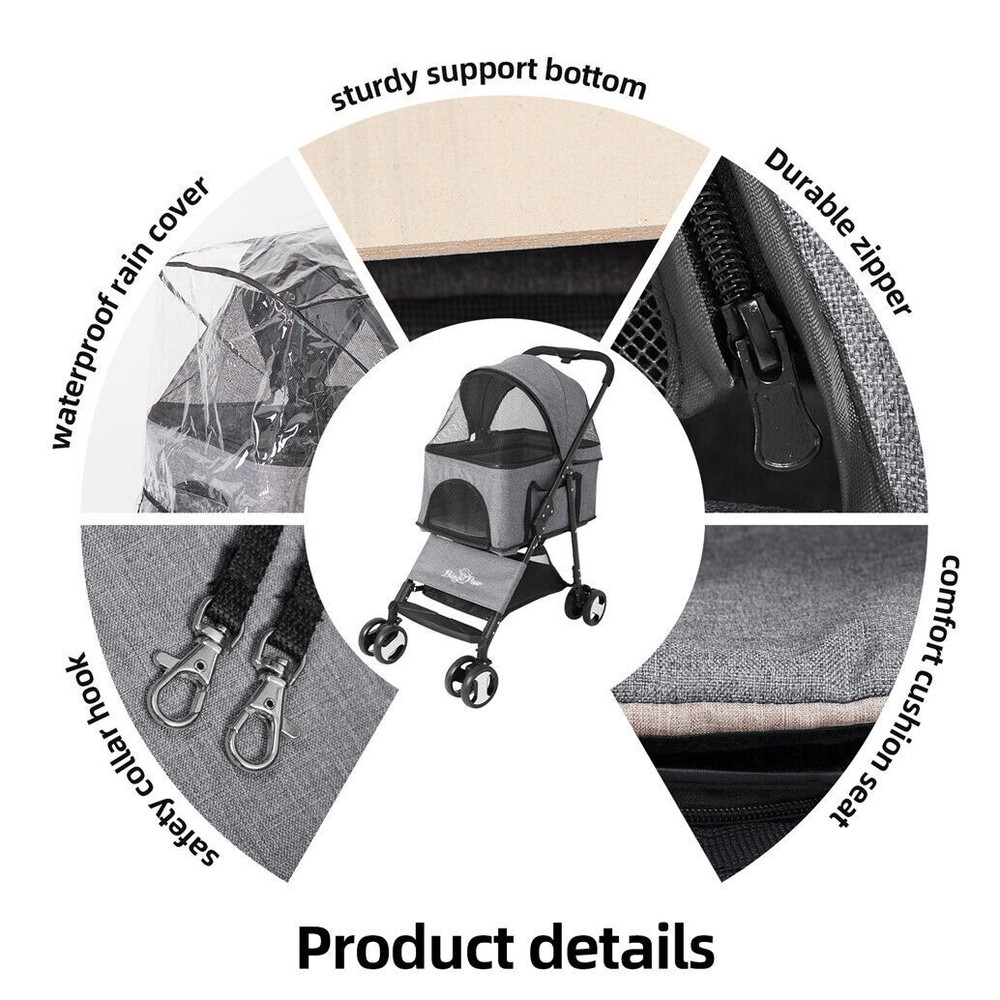 Extra Large Foldable Pet Stroller Travel Walk Carrier with Bottom Basket Storage