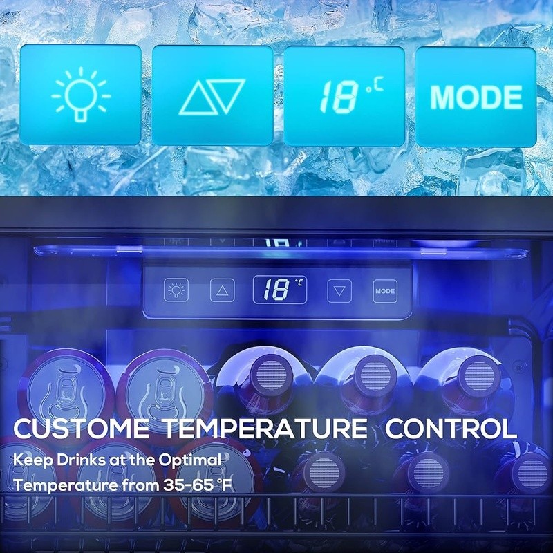 Beverage Refrigerator Quiet Cooling Adjustable Shelves LED Temperature Control
