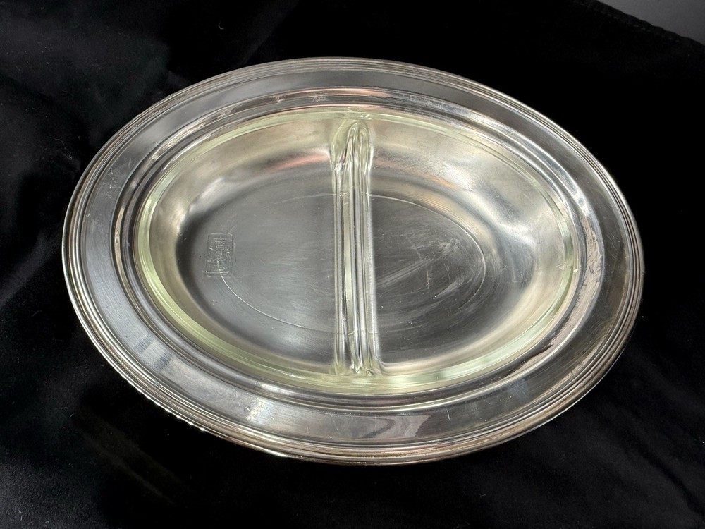 Crescent Silverware Co. Silverplate Split Serving Dish Covered W/ Glasbake