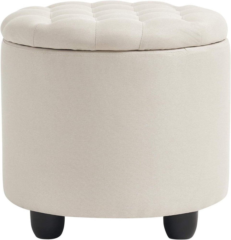 Beige Round Storage Ottoman Featuring Removable Lid