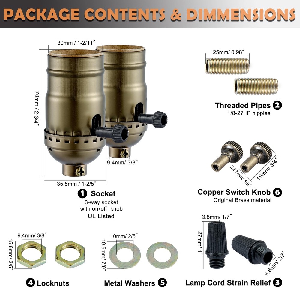 3 Way Lamp Socket with Twist Switch,E26 Standard Medium Screw Light Bulb Sock...