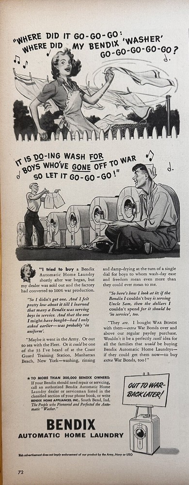 1943 Bendix Automatic Home Laundry Print Ad, Home Appliance Advertisement