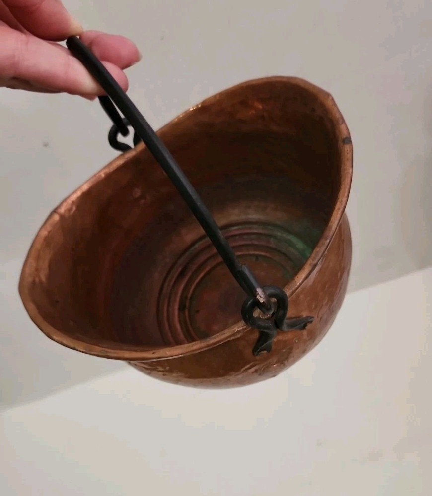Hammered Copper Pot Hanging Cauldron Rustic Primitive Decor Black Iron Handle