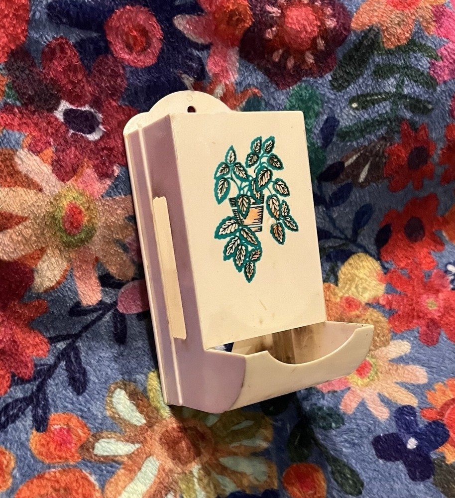 Vintage Match Holder Plastic Wall Mount White Flower Pattern