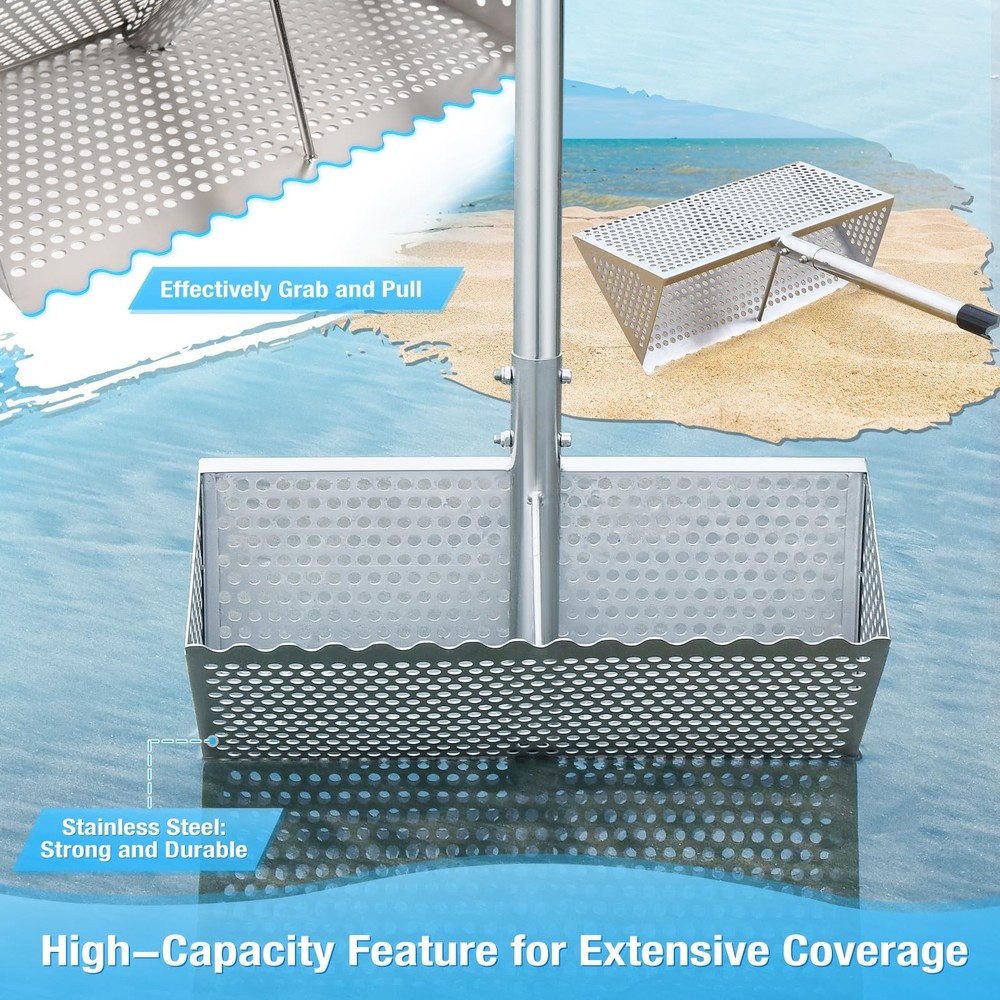 Sand Flea Rake, Long Handle Sifter for The Beach, Stainless silvery