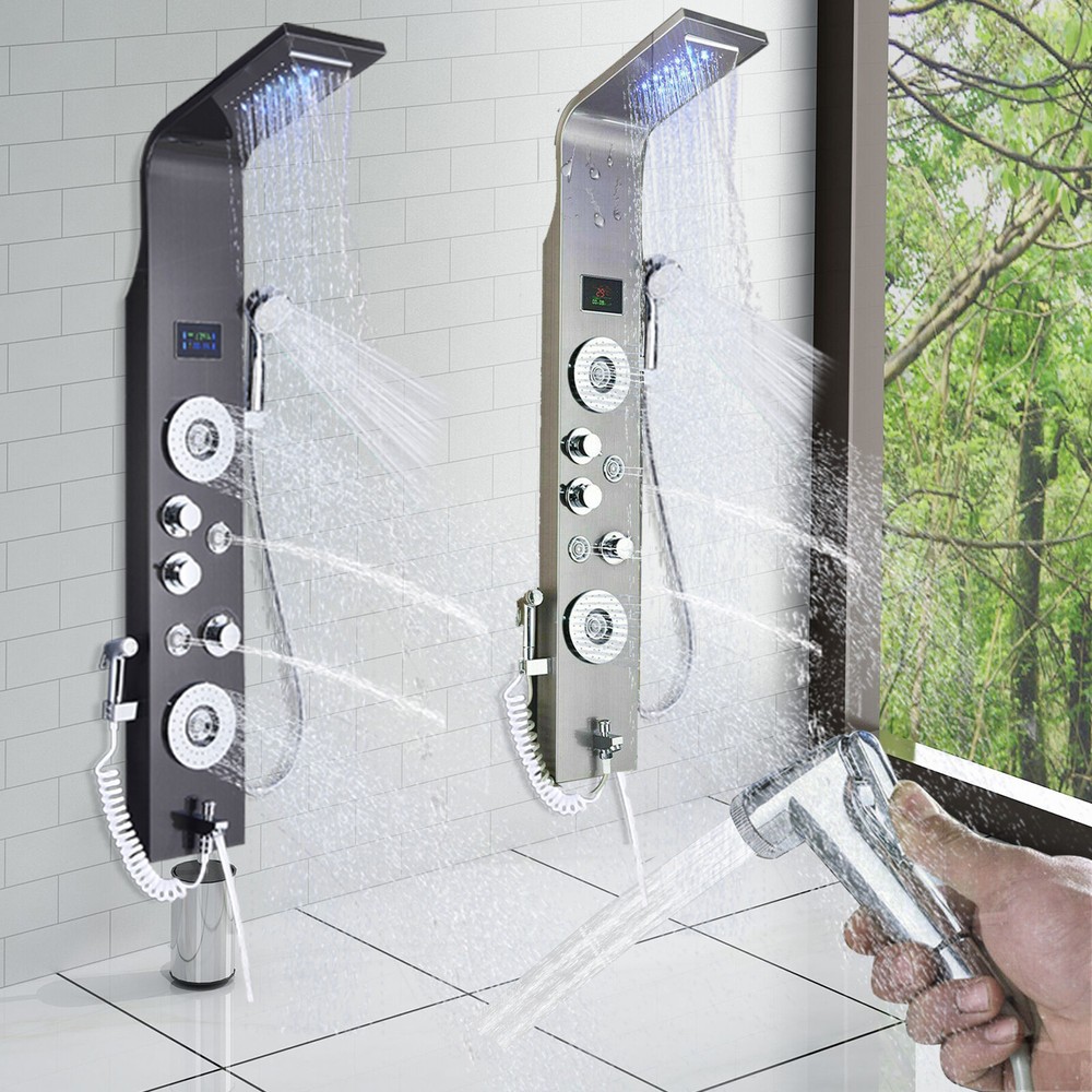 LED Shower Panel Tower Rain&Waterfall Head Handheld Sprayer Massage System Jets