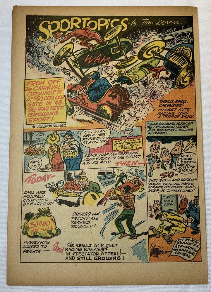 1949 cartoon page ~ MIDGET AUTO RACING