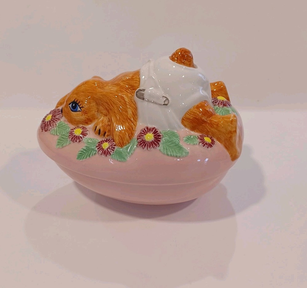 Vintage Large Pocelain Egg With Bunny On Top Candy Dish