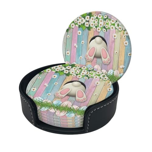 6 Pcs Easter Eggs Bunny Coasters with Holder,Office Bar Dining Table Home