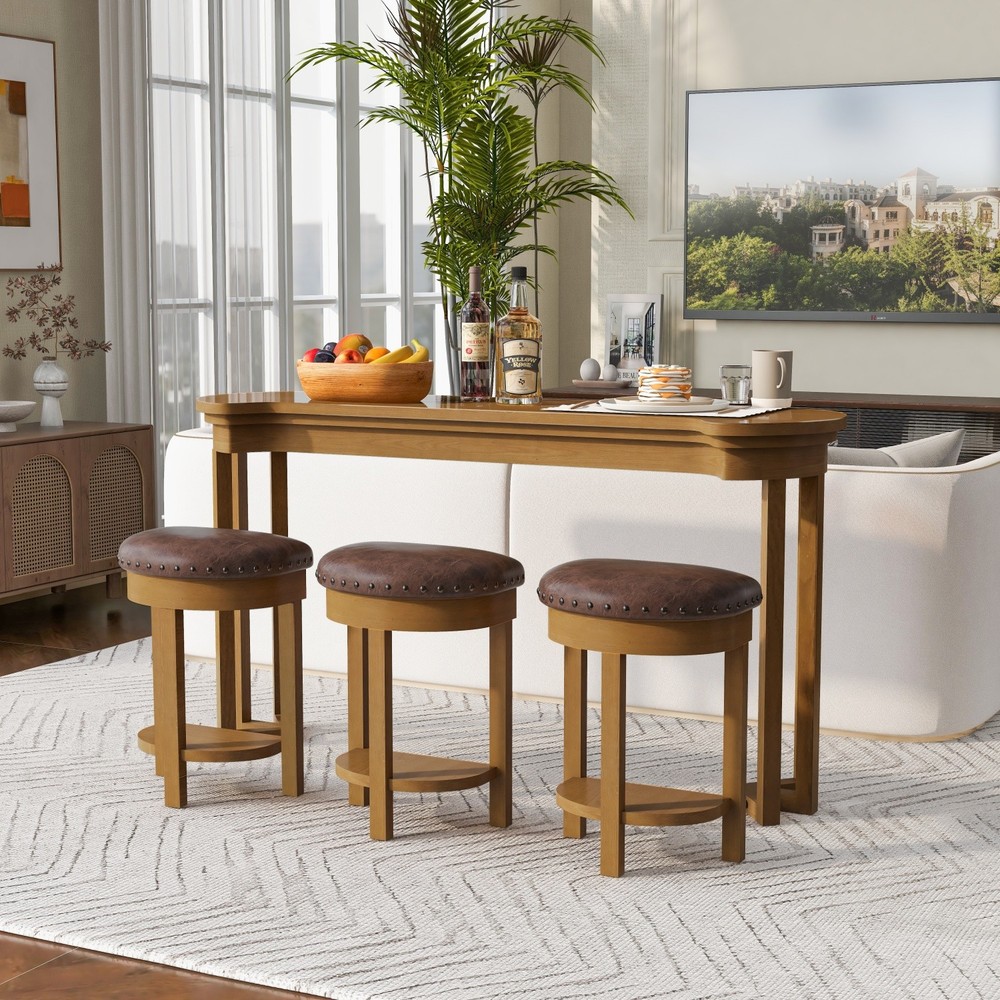 4 Piece Kitchen Counter Height Bar Table Set w/ 3 PU Padded Solid Wood Stools