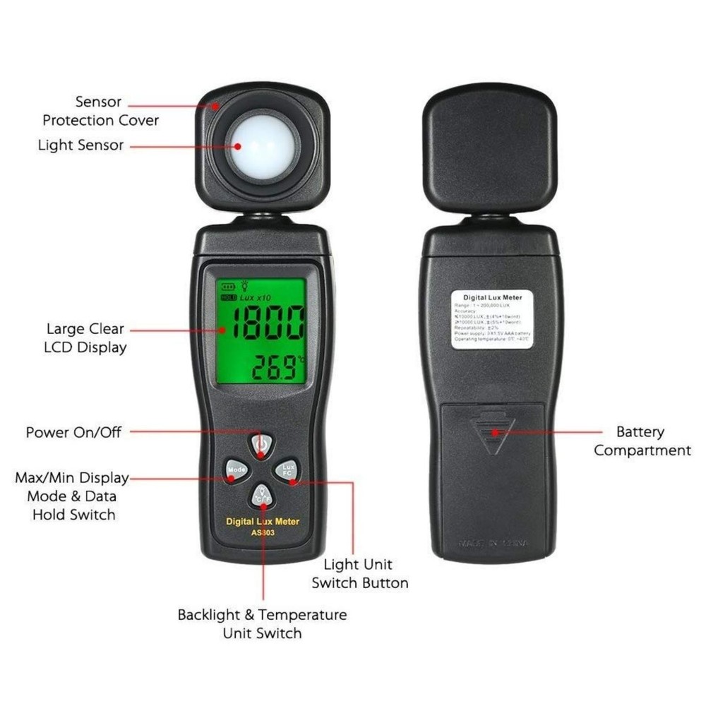 Portable 200K Lux Range Illuminance Meter W/ 180° Adjustable Sensor&Backlight