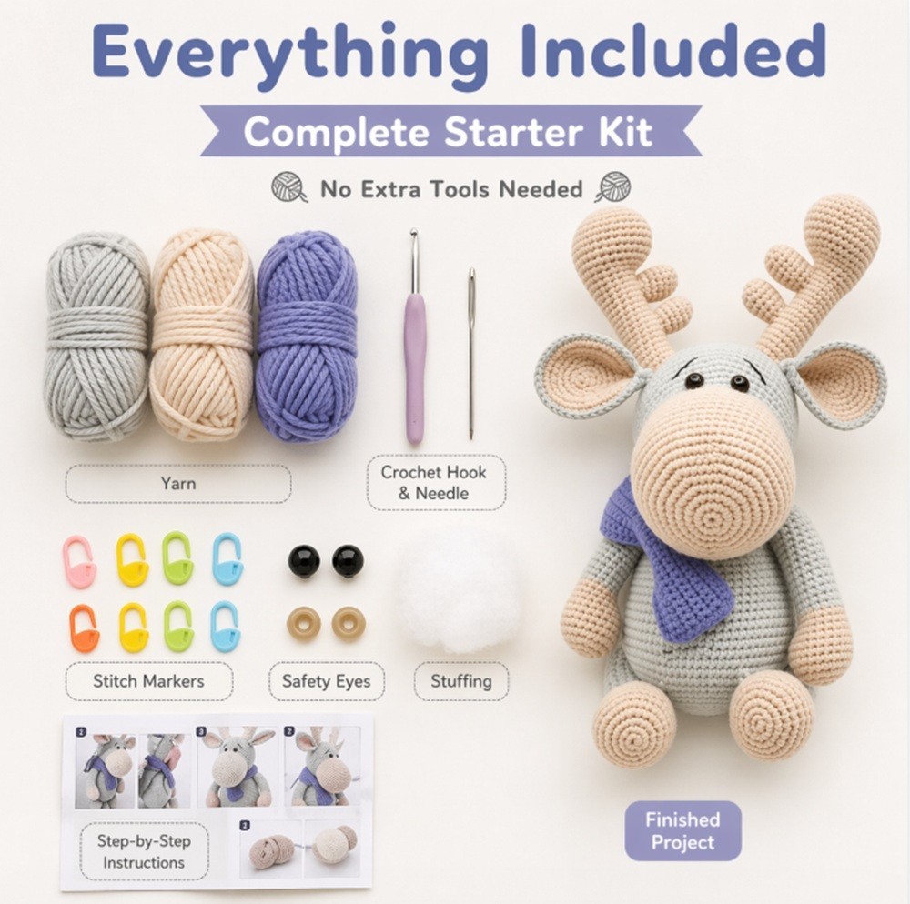 Reindeer Crochet Kit for Beginners Amigurumi DIY Set with Video Tutorial