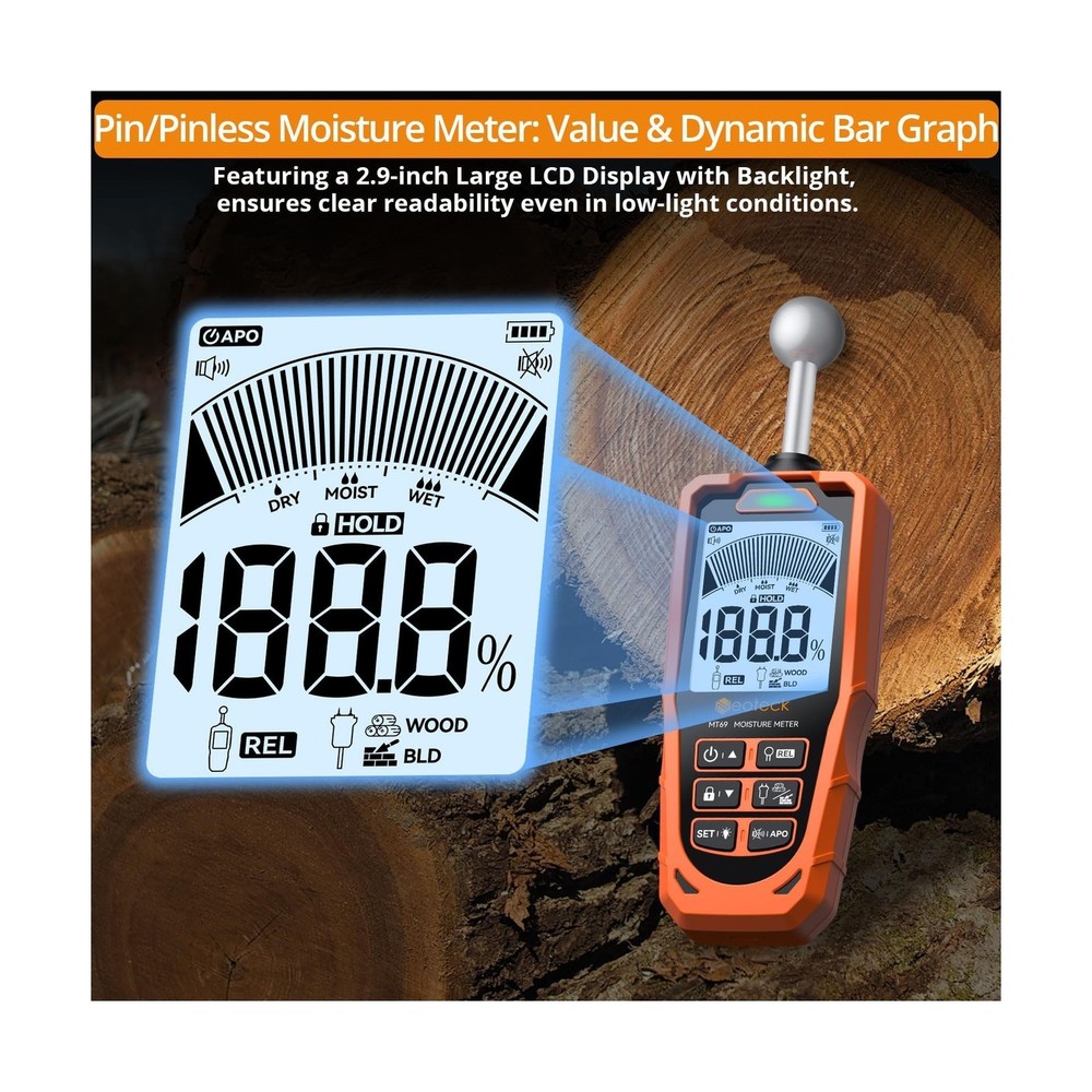 Neoteck 2-in-1 Dual Probe Moisture Meter 40mm Spherical Moisture Reader & ±