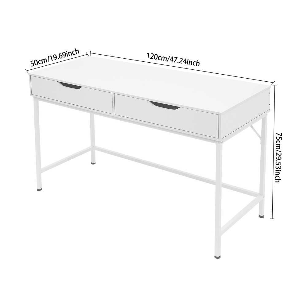 Office Computer Desk Metal Frame Modern Study Writing Table w/ 2 Drawers White