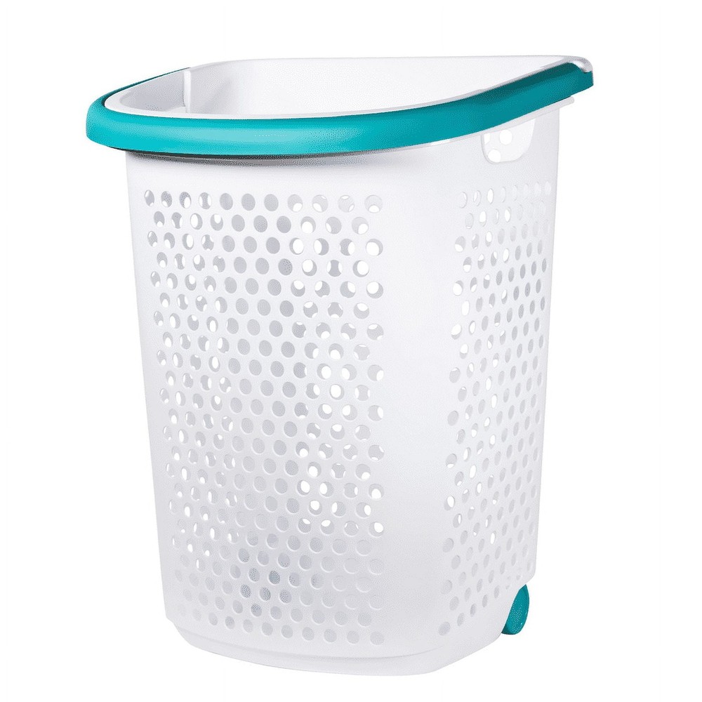 Home Logic 2 Bushel White Plastic Rolling Laundry Hamper with Pop-Up Handle