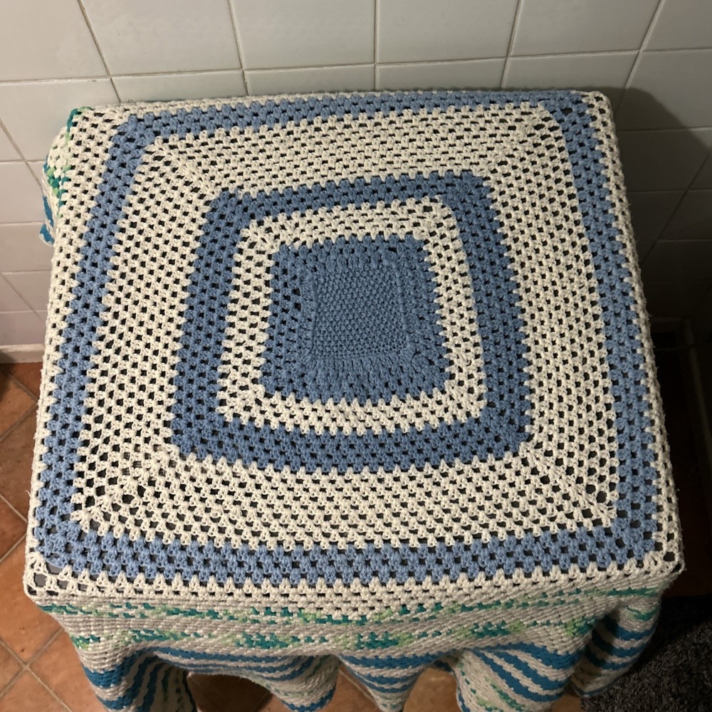 Wool Crochet Blanket Throw Handmade Blue White Green Pattern 150cm X 160cm