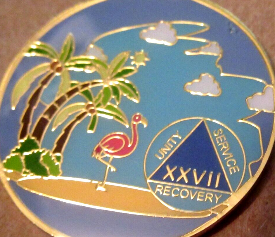 Beach - Blue yellow pink Alcoholics Anonymous 27 Year AA Medallion Coin Token
