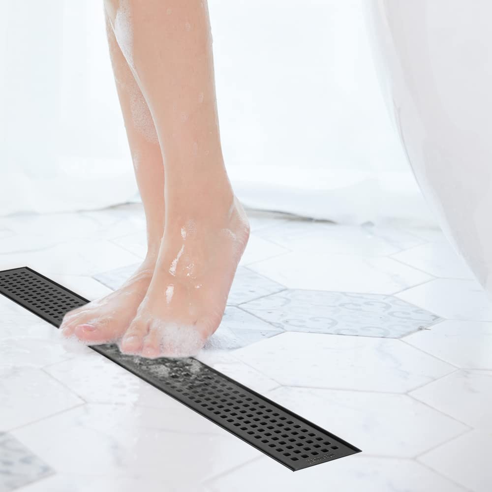 Neodrain 18-Inch Black Linear Shower Drain with Removable Quadrato Pattern Gr...