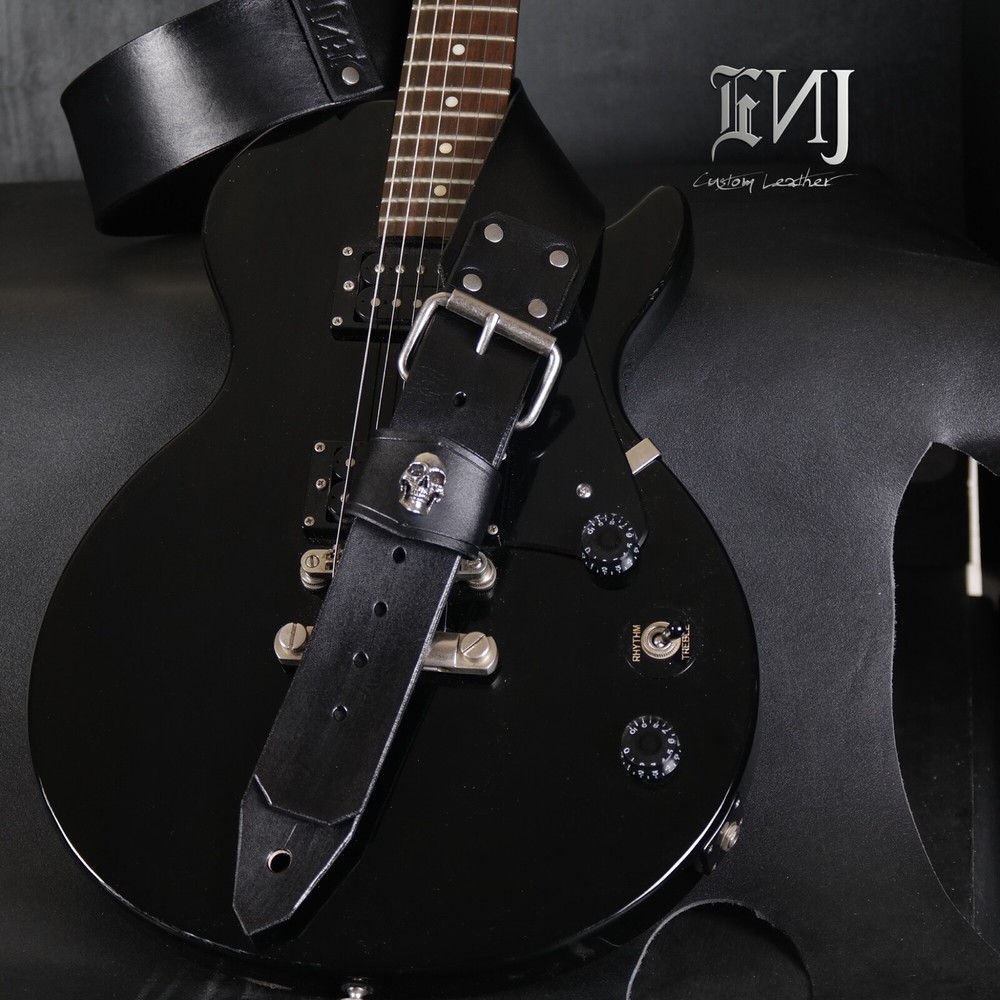 Custom Leather Guitar Strap.SKULL. Adjustable Buckle.2.5” wide BLACK