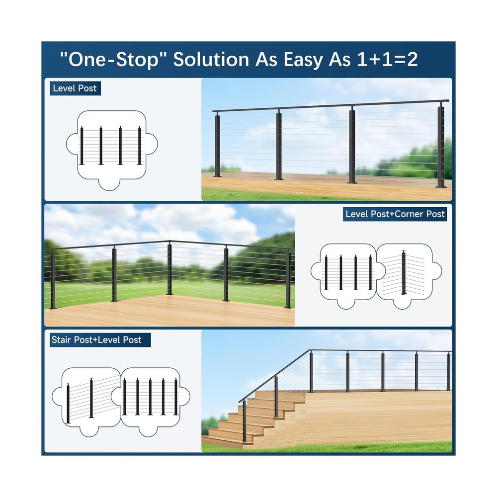 Cable Railing System - 4Pack Adjustable Line Post Kit with 160ft Cable, 10 Te...