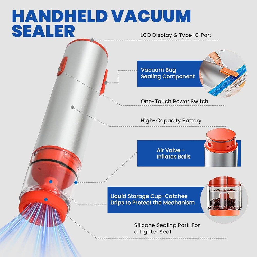 Handheld Multi-Function Vacuum Sealer for Kitchen Use Includes 20 Bags & 4 Lids