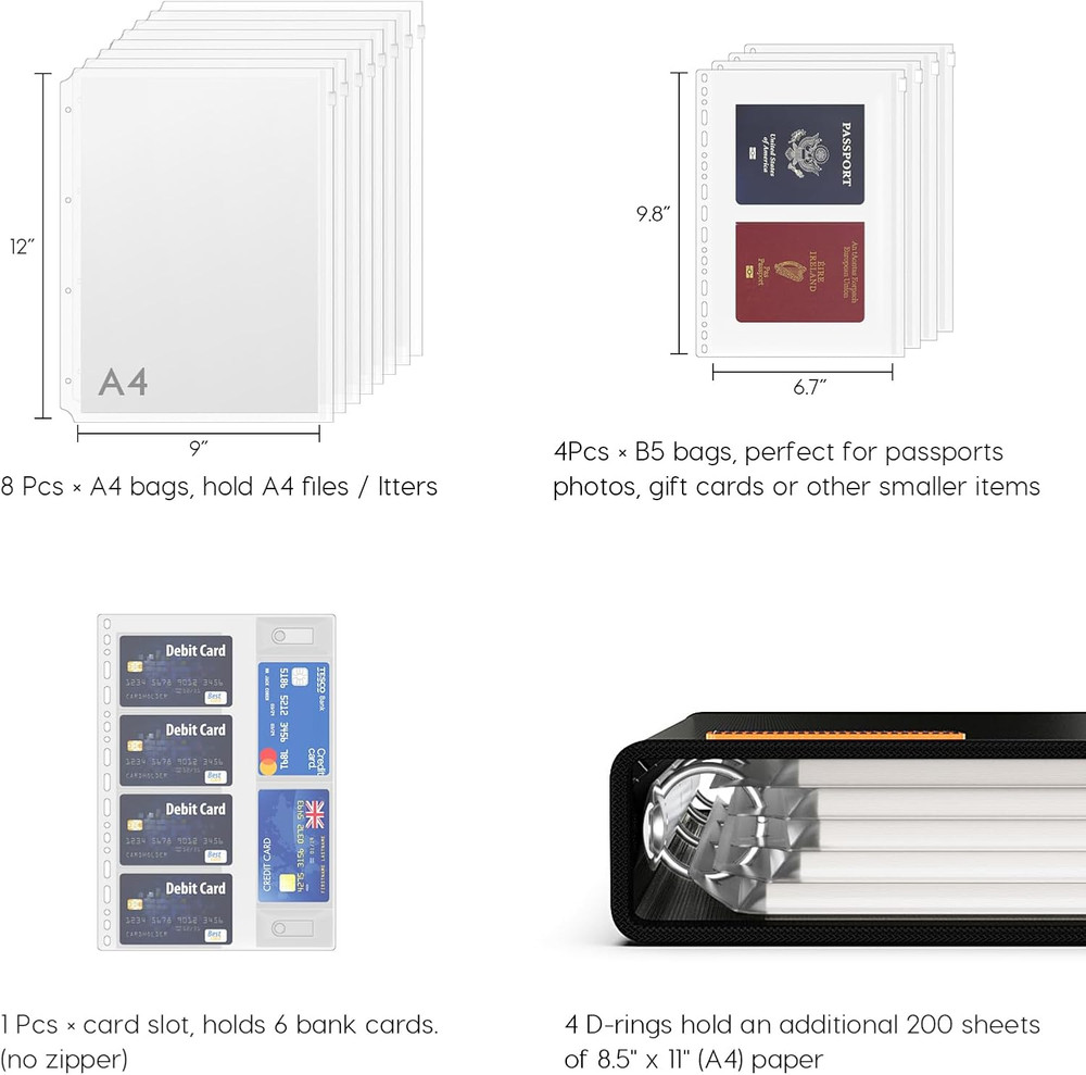 Fireproof Document Organizer Binder with Waterproof Bill Holder (Black)