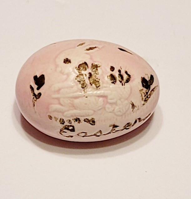 Vintage Hobbyist Ceramic Easter Egg Pink Gold Bunny Rabbit 2.5"