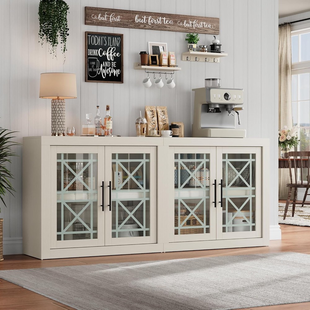 70.9" Buffet Sideboard with Storage with 4 Screen-Printed Glass Doors White