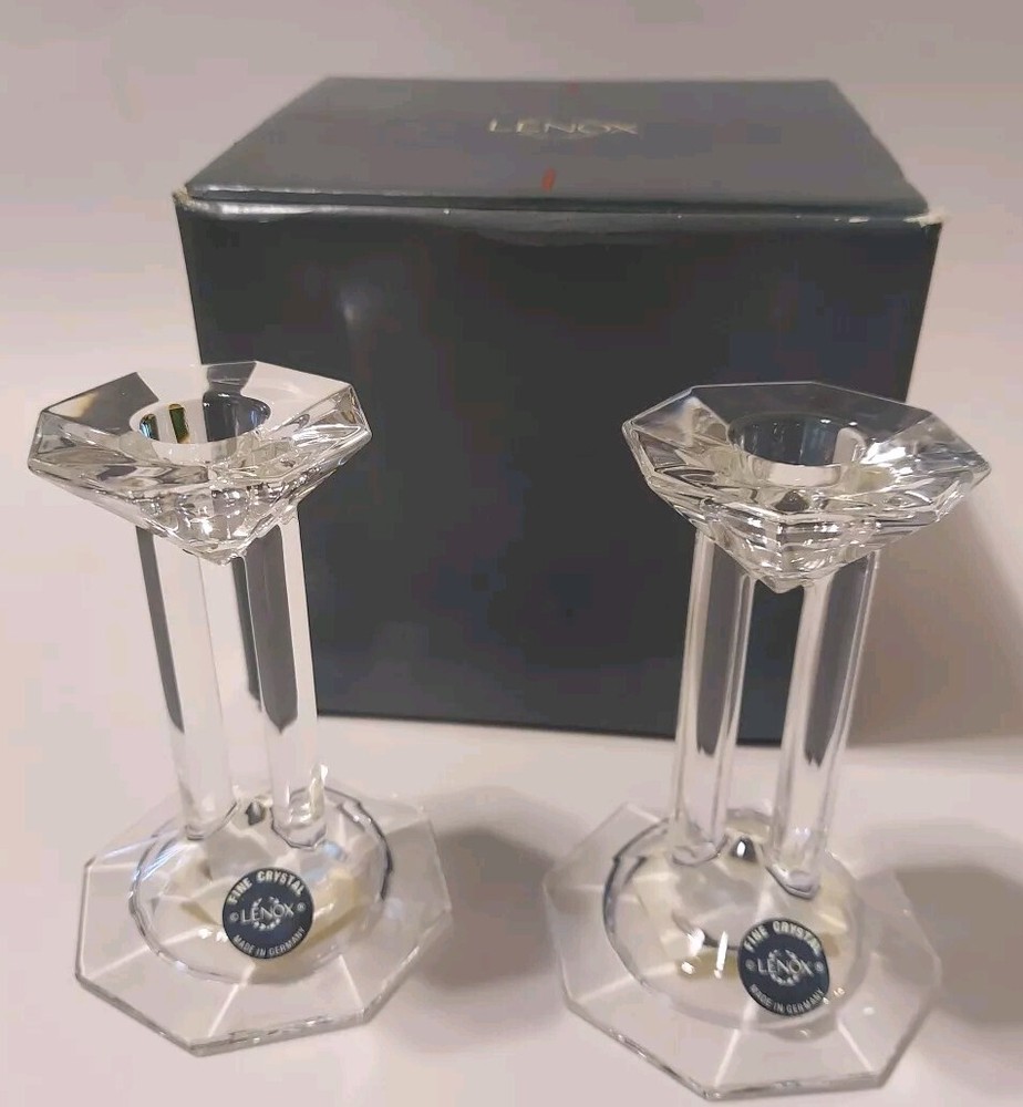 2 Pc Set Lenox SYNCHRONICITY Lead Crystal Column Candleholders Made In Germany