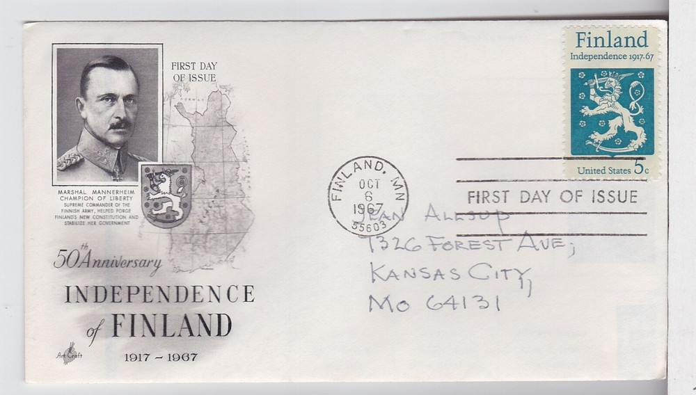 TurtlesTradingPost- Finland Independence #1334 1967 FDC- Artcraft Cachet