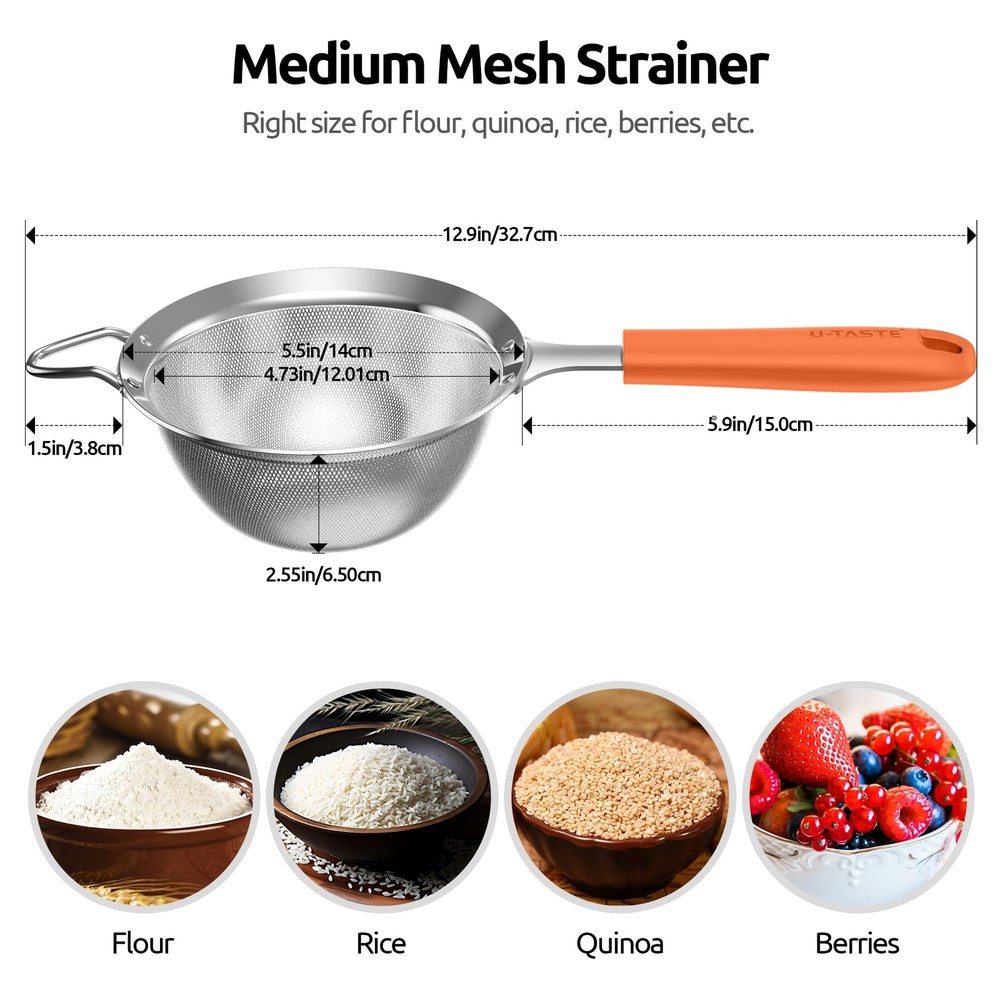Medium Fine Mesh Strainer 4.7" 30-Mesh Sieve Stainless Steel Silicone Handle