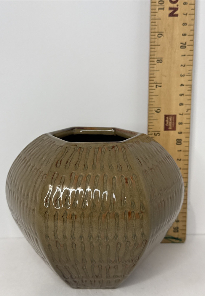 Ceramic Planter Vase Brown Green Six Sided 5x7"