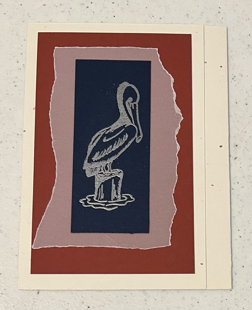 Pelican Tri-fold Silver Embossed Handmade Card Blank Inside With Envelope