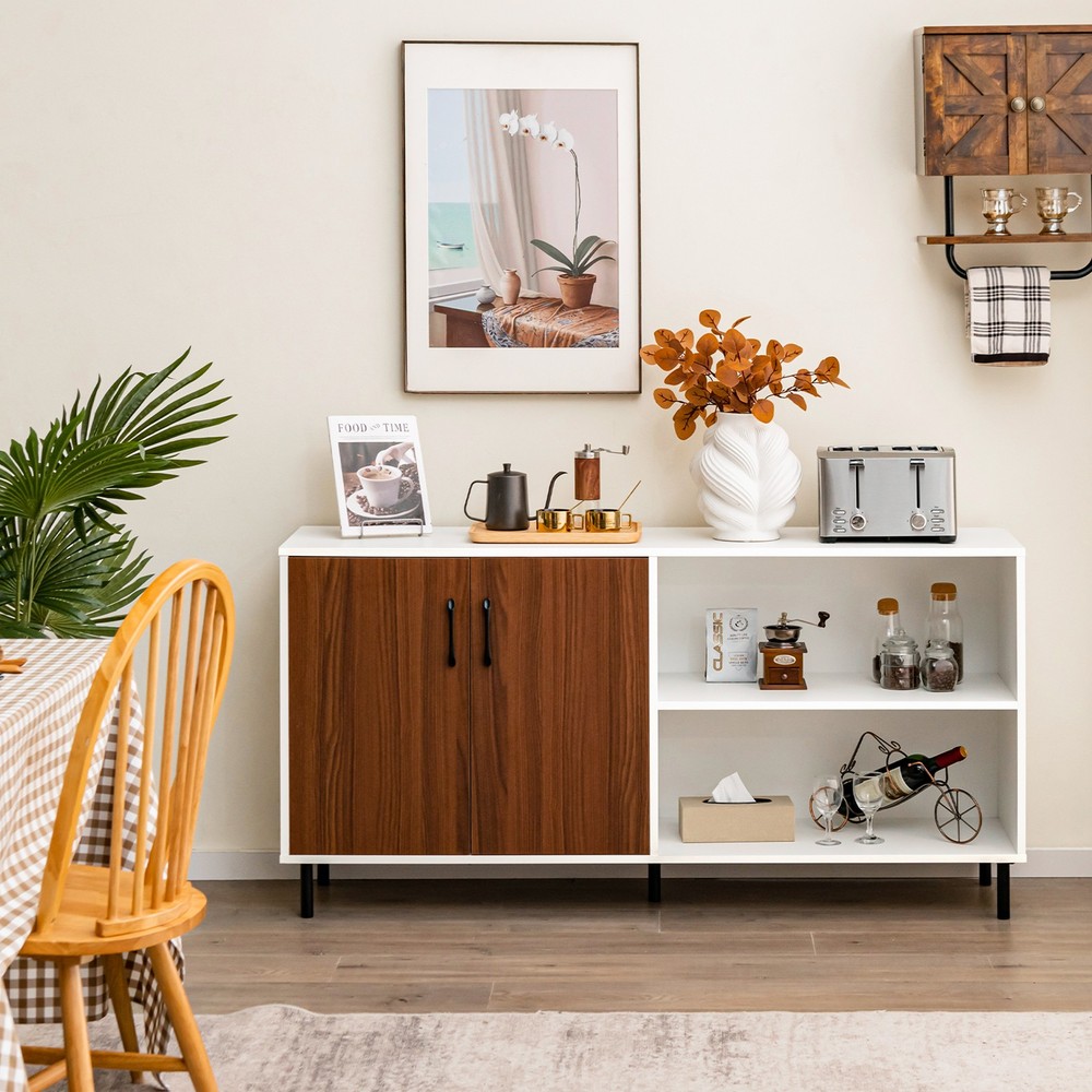 Modern Sideboard Cabinet w/ Spacious Tabletop & Multiple Shelves Walnut White