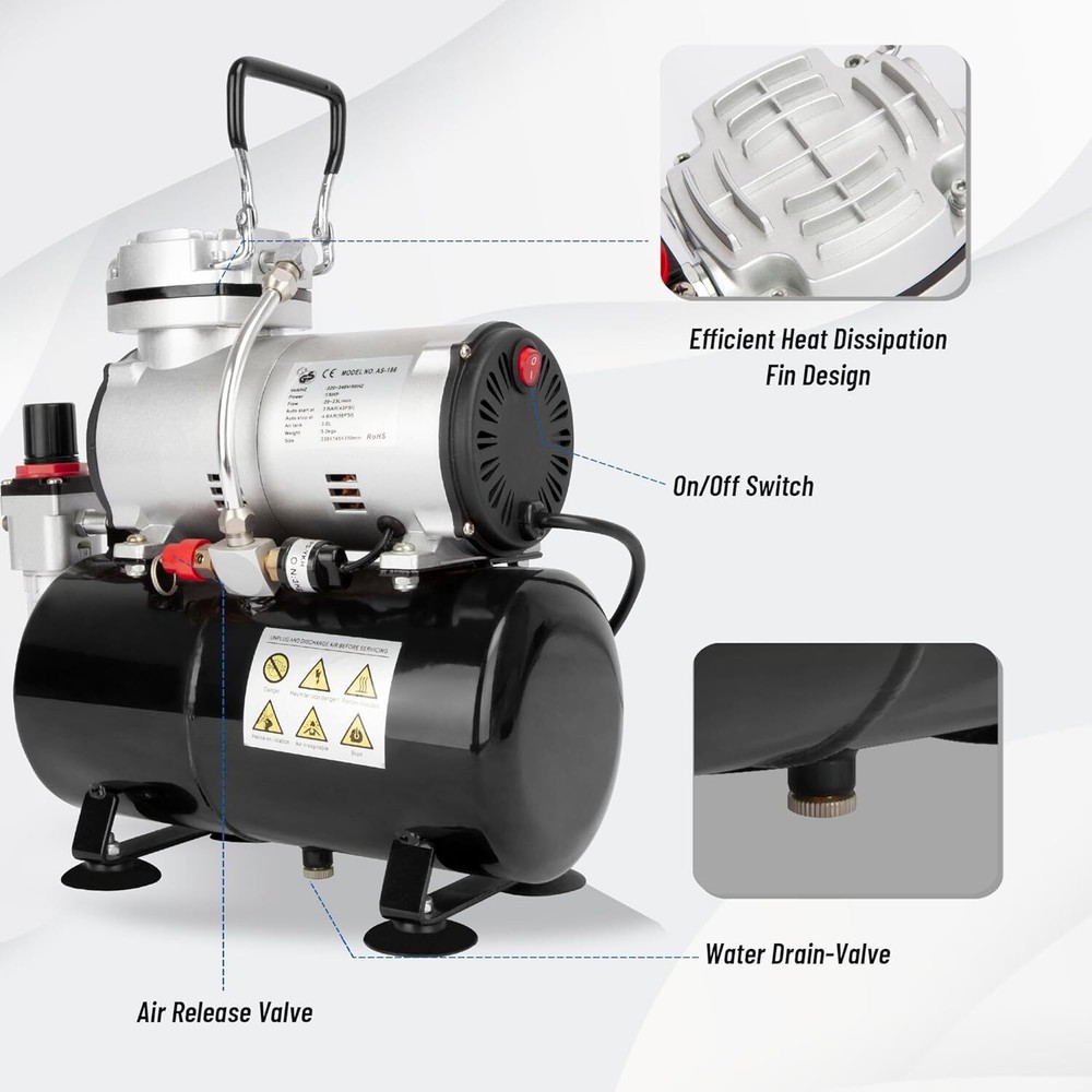 Timbertech Airbrush Compressor, High-performance Single-Piston Oil-free Mini,NEW