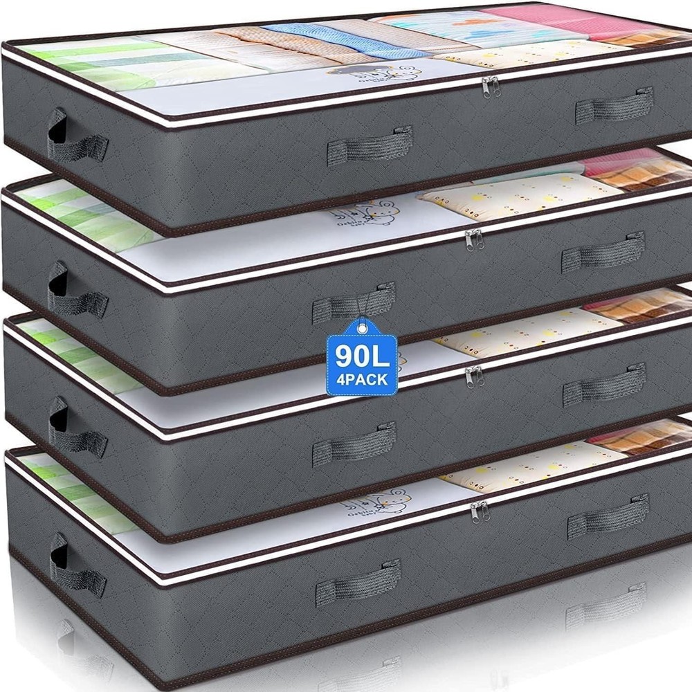 Under Bed Storage Containers 4 Pack 90L Foldable Organizer Bins Grey Color
