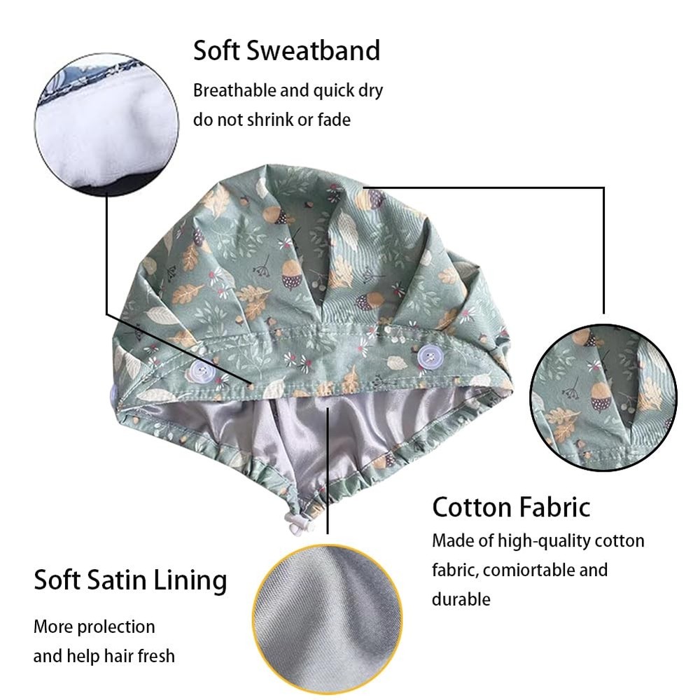 6 PCS Bouffant Scrub Caps Satin Lined, Adjustable, Button, Sweatband,Multi Color