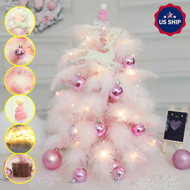 Mini Christmas Tree Tabletop Artificial Tree with Feather Leaf LED String Lights