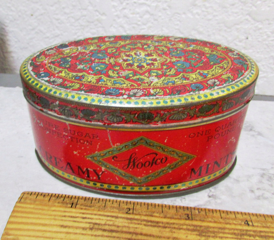 vintage Woolworth Woolco Creamy Mints Candy tin, empty 1/4 pound, great graphics
