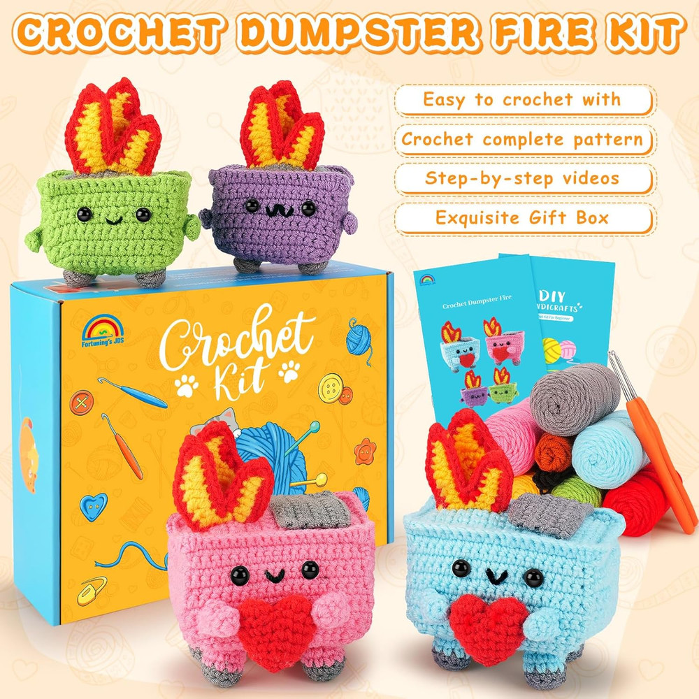 Crochet Kit for Beginners, 4PCS Dumpster Fire Crochet Starter Kit