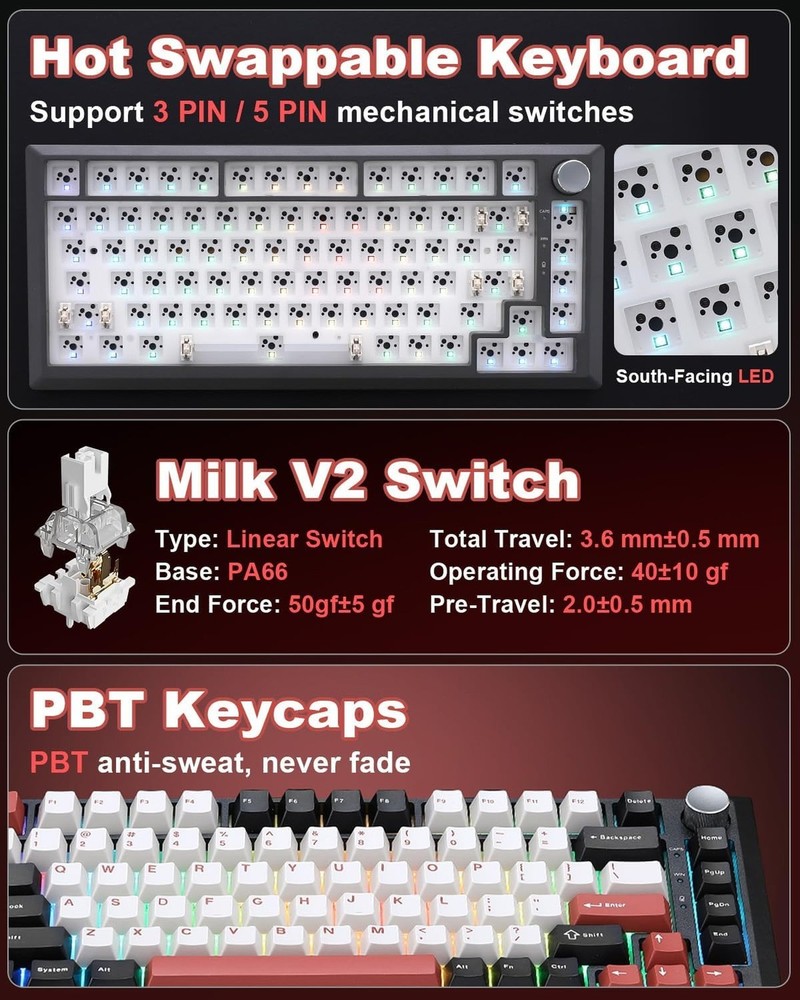 Y75 Wireless Mechanical Keyboard,75% Hot Swappable Custom Keyboard with Knob,...