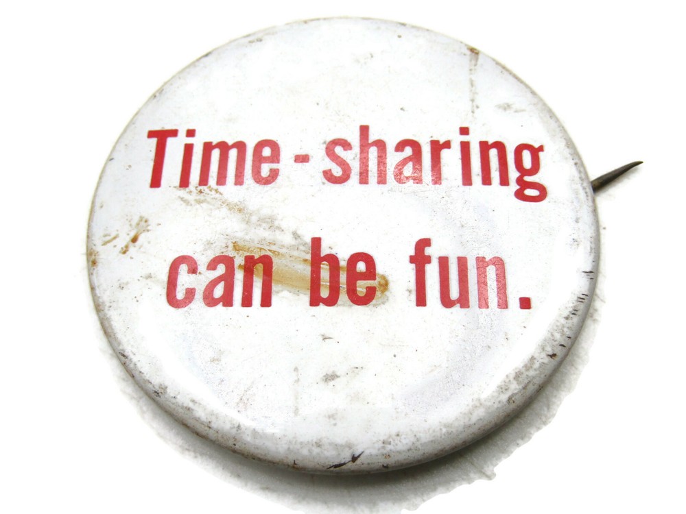 Vintage "Time-Sharing Can Be Fun" Pinback Button 70s 80s Computer Tech Slogan