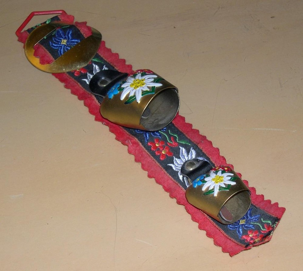 2 Brass Bells on Embroidered Cloth Strap