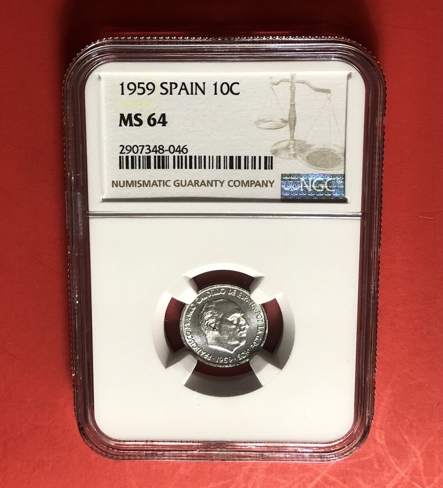 SPAIN-1959-10 CENTIMOS ,GRADED BY NGC MS 64.