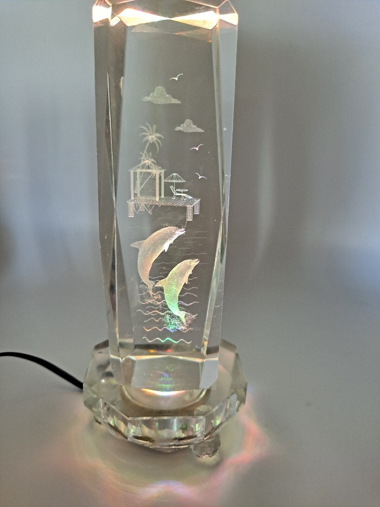 Crystal 3D Laser Etched Dolphins With Lighted Base