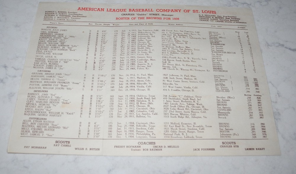1938 Baseball St. Louis Browns Spring Training Media Guide Book Roster Program